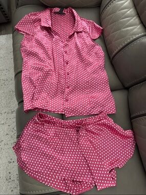 Victoria's Secret Pink & White Polka Dot Satin Short Pajama Set